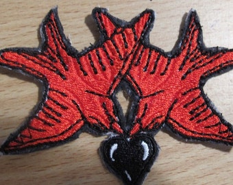 Red Birds with Black Heart  Embroidered  Iron On Patch