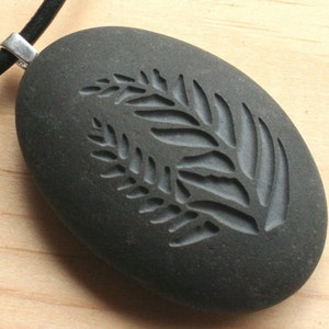 Love for Nature - FERNS pendant with cord - Tiny PebbleGlyph (C) - carved beach stone necklace