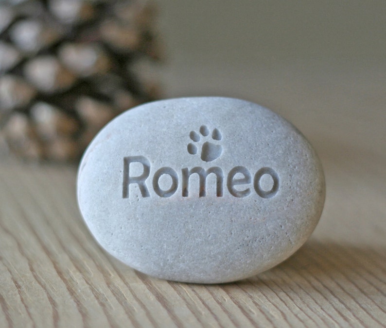 May include: A gray stone with the name "Romeo" and a paw print engraved on it.