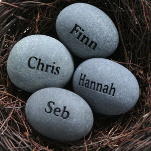 May include: Four grey stones with the names "Finn", "Chris", "Hannah", and "Seb" engraved on them, nestled in a brown woven nest.