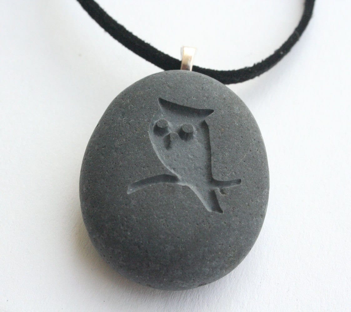 OWL - Tiny PebbleGlyph (C) pendant - engraved stone necklace