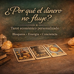 May include: A dimly lit scene featuring tarot cards, crystals, and a lit candle. The text "¿Por qué el dinero no fluye?" is at the top, with "Tarot económico personalizado" below. Three tarot cards are displayed, along with coins and a decorative lamp.