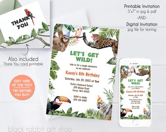 DIGITAL + Printable Jungle Animal Invitation Template - Edit Yourself - Text, Email or Print & Mail to Guests - Kids Birthday Invite - JG22