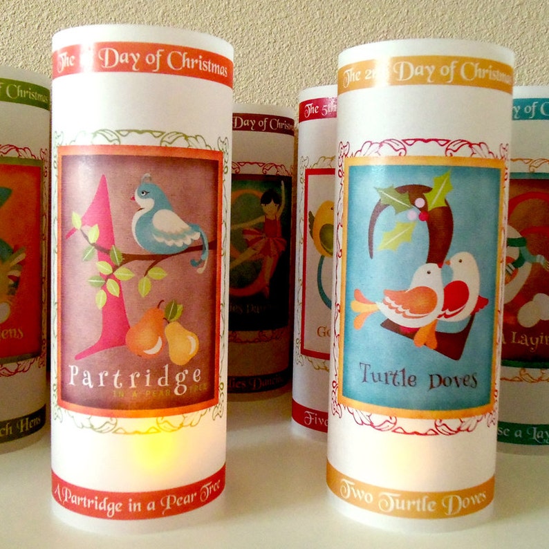 12 Days of Christmas Luminary Decorations Set of 12 Holiday Candle Surrounds Table and Hearth Decorations Christmas Decor