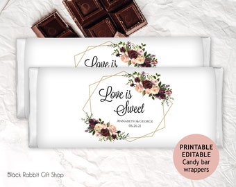 Printable Candy Bar Wrappers - Digital Editable File - Wedding or any event - Candy Favor Label Template - Burgundy & Blush Flowers - BF18