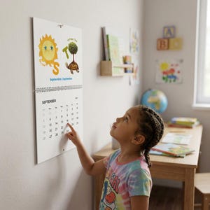 May include: A wall calendar featuring a top page with a yellow sun illustration next to a letter S and a tree on a turtle next to a letter T, with the text Septiembre September. The bottom page shows a September calendar grid with numbers.