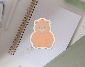 Pumpkin Bear Sticker | Food Stationery, Kawaii, Cartoon, Vinyl Stickers for Laptop, Journal, and Water Bottle