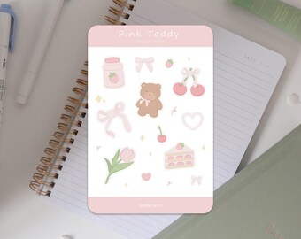 Pink Teddy Sticker Sheet | Kawaii, Vinyl Stickers for Laptop, Journal, Water Bottle
