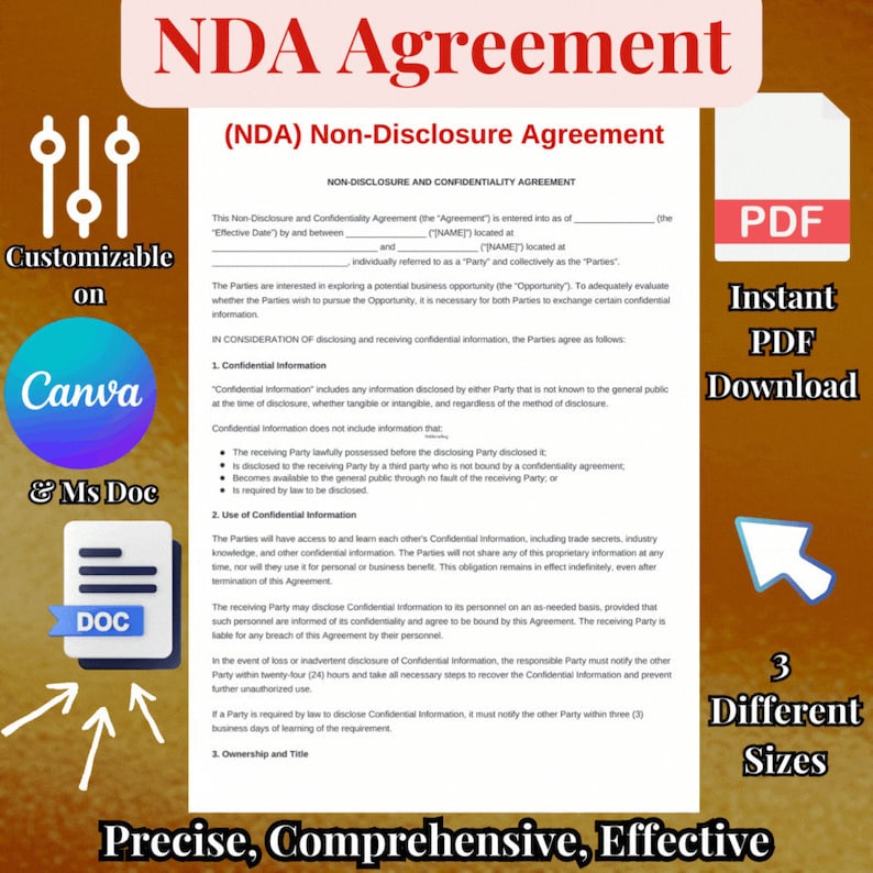 Non-disclosure Agreement NDA Template Customizable Legal Contract for ...
