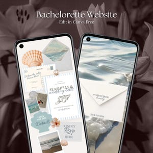 May include: Two smartphones displaying a digital bachelorette website template with beach-themed graphics, including seashells, ocean waves, and text reading Bachelorette Website, Seashells & wedding bells, An invite from Emily, and Click to open.