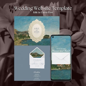 Puede incluir: Una plantilla de sitio web de bodas digital que presenta una pintura de paisaje costero, un marco ovalado decorativo con el texto Save the Date, un gráfico de sobre con el texto Hanna and Caleb y un teléfono inteligente con una interfaz.