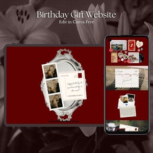 Puede incluir: Una pantalla digital que muestra una plantilla de sitio web de regalo de cumpleaños en una tableta y un teléfono inteligente. La pantalla presenta un fondo rojo oscuro, una bandeja plateada ornamentada, tiras de fotos y un calendario.