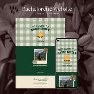May include: A digital bachelorette website template featuring a green and white gingham pattern, a campfire graphic, and the text Welcome to Camp Emily. The layout includes a photo frame, binoculars, and a backpack icon, displayed on a screen.