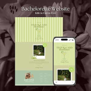 Puede incluir: Una plantilla de sitio web para despedida de soltera con un encabezado de rayas verde claro, el texto Tequila and tanlines, una ilustración de cóctel y un marcador de posición de foto. El diseño incluye detalles del evento y una vista móvil.
