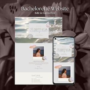 Coastal Bachelorette Website Canva Template, Seashells & Wedding Bells Digital Invite, Blue Cream Sea Theme Weekend Trip Itinerary Planner