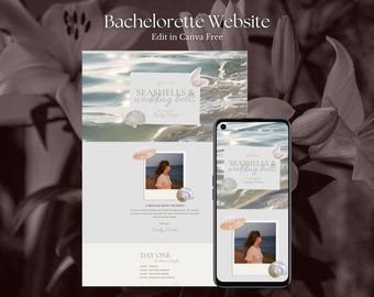 Modello Canva per sito web di addio al nubilato a tema costiero, invito digitale con conchiglie e campane nuziali, pianificatore di itinerario per un weekend a tema marino blu e crema