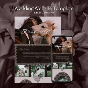 May include: A wedding website template with the text "Wedding Website Template" and "Edit in Canva Free". The website design features a photo of two horses and the text "The Wedding of Florence and Philip". A smartphone displays the website.