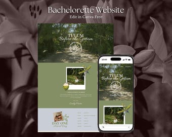 May include: A digital bachelorette website template featuring a green and white colour scheme with text reading Bachelorette Website, Edit in Canva Free, Tulum Before the Groom, and Day One Arrival Day, displayed on a smartphone and a flat layout.