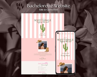 May include: A digital bachelorette website template featuring a pink and white striped design with a green cactus illustration. The text reads Scottsdale before the veil, Celebrating Emily Marie, and includes a photo frame with a hat and boots.