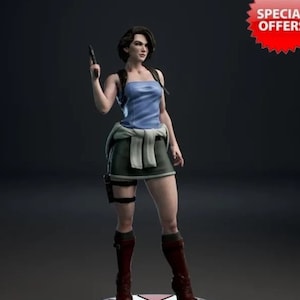Pode incluir: Figura detalhada de uma mulher com top azul, saia verde e botas bordô, segurando uma pistola preta. A figura está sobre uma base com um emblema vermelho e branco. Um adesivo "SPECIAL OFFERS" é visível.