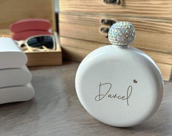 Engraved Flask for Bridesmaids, Personalized Bridesmaid Hip Flasks, Wedding Party Gifts,  Round Flasks with Rhinestone Lid, birthday gift