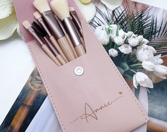 Bridesmaid makeup brush set with custom monogrammed bag, perfect for wedding favors, bridal shower favors, or Mother's Day surprise