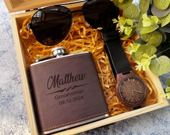 Personalized Best Man Wedding Set Box, Groomsmen Gift Set, customized Wooden Sunglasses/Leather Flask Gift, Men's gift box, Wedding Gifts