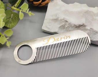 Personalized Stainless Steel Beard Comb, Laser Carved Groomsmen Gift