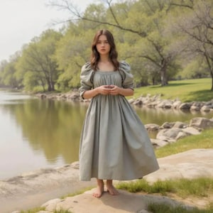 Serene Sage Green Peasant Dress | Women Cottage-core Gown| Viking Rustic Attire Long Dress| Medieval Country Fashion | Renaissance Cosplay