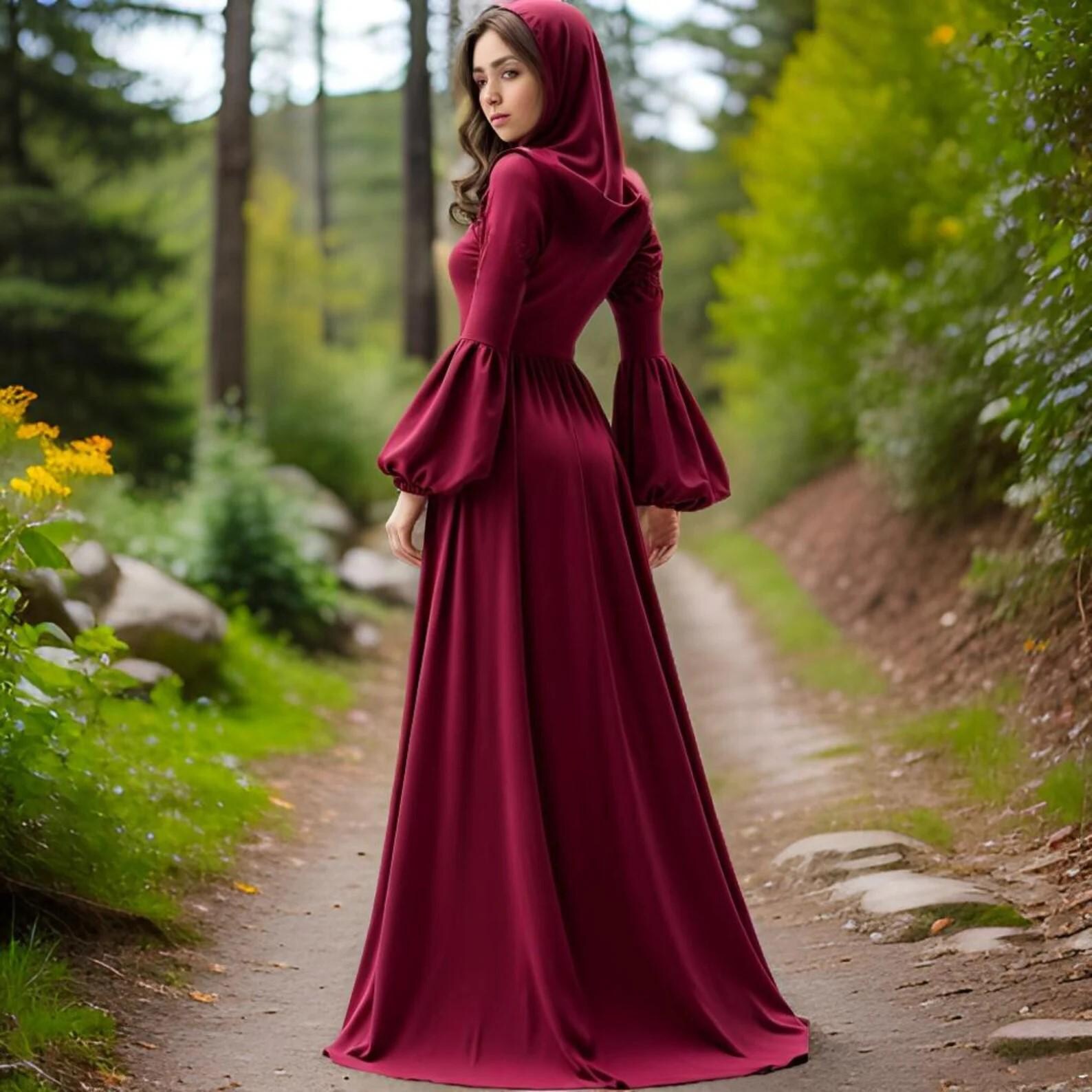 A-Line/Princess Scoop Neck Long Sleeves Ankle-Length Medieval Halloween Court Witch Dress with Cloak