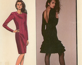 SZ 12 Ozbek Designer 80s Pattern For Fitted Open V Back Dress With Hem Ruffles Or Straight Dress Uncut