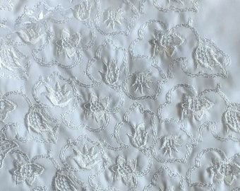 11" White Embroidered Matte Satin Vintage Trim with Raised Flower Embroidery for Fashion,  Christening Gowns, Wedding Bridal, Dolls,