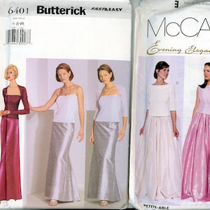 May include: Two sewing pattern envelopes. The Butterick pattern features three women modeling evening wear, including a burgundy pantsuit and a silver skirt with a white top. The McCall's pattern shows evening gowns in pink and silver.