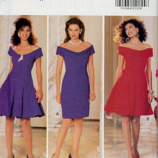 SZ 14-18 Nicole Miller 90s Vintage Butterick Dress Pattern Princess Seam Off The Shoulder Straight or Flared Flirty Party Dress Uncut