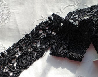 3" Wide Black Satin Floral Guipure Lace Trim With Two Different Styles Of Heavily Embroidered Flowers