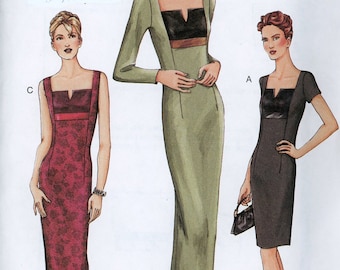 SZ 6-10 Vogue Pattern 7522 Fitted Straight Dress With Contrast Inset Panel Raised Empire Bust, Different Hem lengths And Sleeves, Uncut, OOP