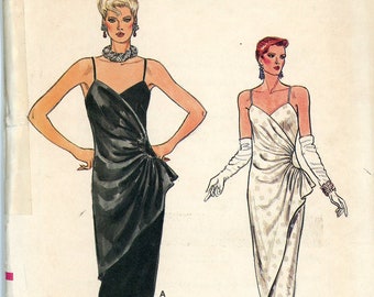 Sz 12 Vogue 80s Vintage Pattern 9162 Mock Wrap Evening Dress 2 lengths Draped Front Shoulder Straps Uncut