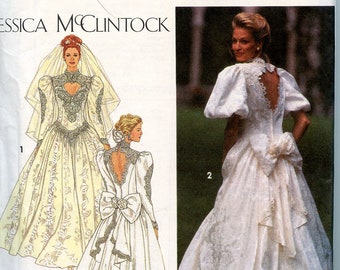 Sz 10-14 Jessica McClintock 90s Vintage Wedding Gown Pattern With Key Hole Front And Back Bodice, Extra Large Puff Sleeves Or Leg O Mutton