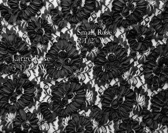 Black Embroidered Ribbon Flowers On Black Lace, Large One Piece Remnant, Measurements Are On The Photographs, Perles Studio