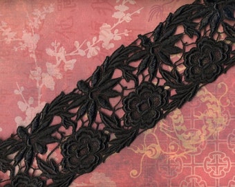 Bordure en dentelle guipure florale noire, 3" de large, vintage