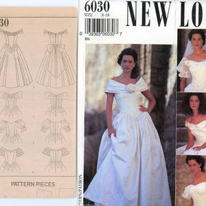 90s Wedding Gown New Look Pattern,Fitted V Waist Bodice Off The Shoulder Collar Full Skirt,