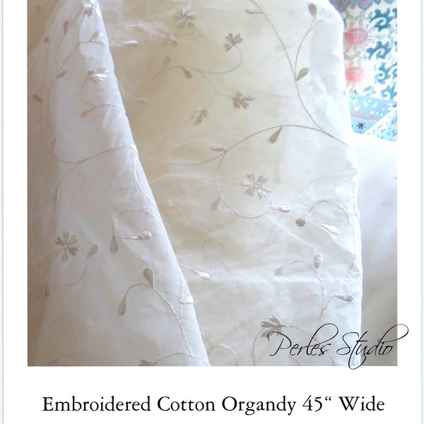 45"W Cream 100% Cotton Organdy Floral Embroidered Vintage Fabric with Flower and Vine Pattern Sold By The Yard