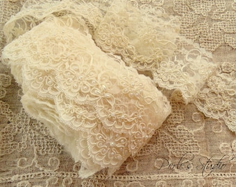 2 1/2 " Wide Cream Re-Embroidered Pearl Beaded Lace Trim with Scalloped Edge