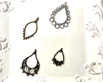 Oval Tear Drop Earring Pendant Findings With Loops, Wholesale Destash, Bronze, Silver