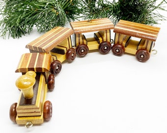 4-Piece Vintage 80s Handcrafted Wooden Train with Cars. Natural Varnished Dark Walnut and Golden Oak,Locomotive Engine and Train Cars