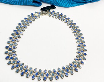 Vintage Wide Collar Geometric Enamel Necklace Tagged "Carol For Eva Graham", Three Rows, Lapis Blue, Dark Turquoise, Gift for Her,