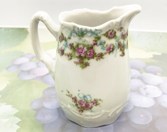 Sweet Little Vintage Porcelain Cream Pitcher, 4 In White Pink Blue Green Transfer Floral Pattern, 50s Creamer Vase Gravy, Gift for Home