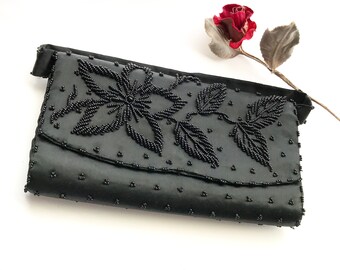 Vintage Jet Black Beaded Floral Silk Rectangular Evening Bag, 1970s Handmade Hong Kong Clutch Purse  Convertible Handle, Gift for Her