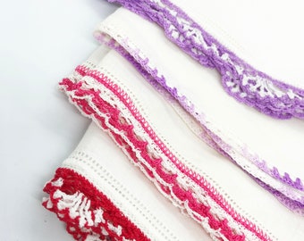 4 Vintage Pink Red Purple White Hand Crochet Lace Trimmed Linen Hankies, Mid Century Handkerhief, Bridesmaids Wedding, Crafts Doll Clothes