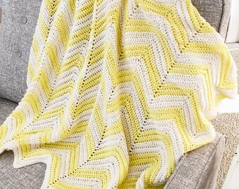 Vintage 1970s Acrylic Hand Crochet Afghan, 53 x 43 Yellow White Chevron, Baby Blanket, Throw, Vintage Linens, Gift for Home